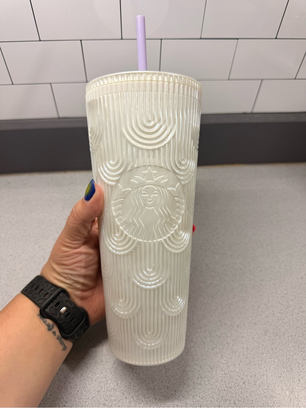 Starbucks Pearl White Textured Tumbler with Lavender Straw